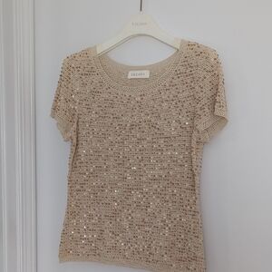 Escada Beige Sequin Short Sleeve Top
